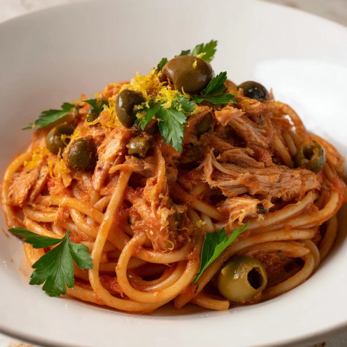 Vibrant image of Pasta with Tuna, Olives & Capers: Flaky tuna and olives mingle in a rich tomato sauce.