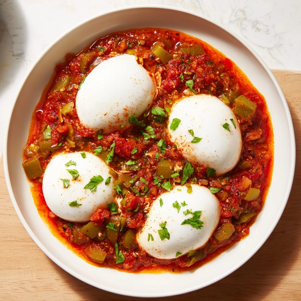 Golden, runny egg yolks in vibrant Shakshuka sauce, perfect served with warm crusty bread.