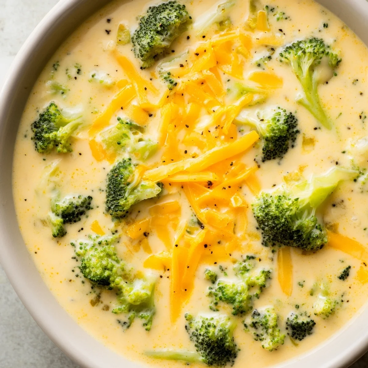 Steaming bowl of creamy Broccoli Cheese Soup, garnished, ready to enjoy on a chilly evening.