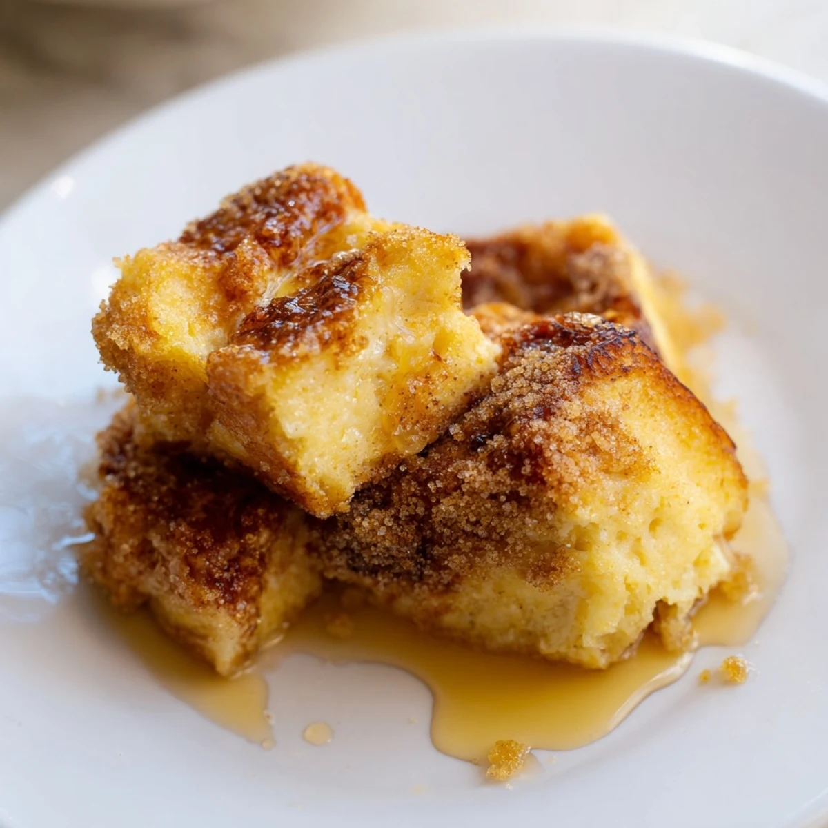 Close-up of a bubbling French Toast Bake, showcasing the custardy bread and cinnamon-sugar topping.