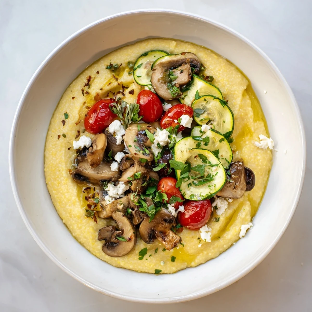 Flavorful Cornmeal Mush Polenta bowls, topped with roasted vegetables, are ready for a delicious meal.