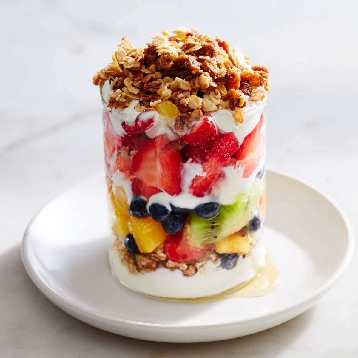 Perfectly layered Yogurt Parfait with ripe, colorful fruit and crunchy granola, ideal for breakfast.