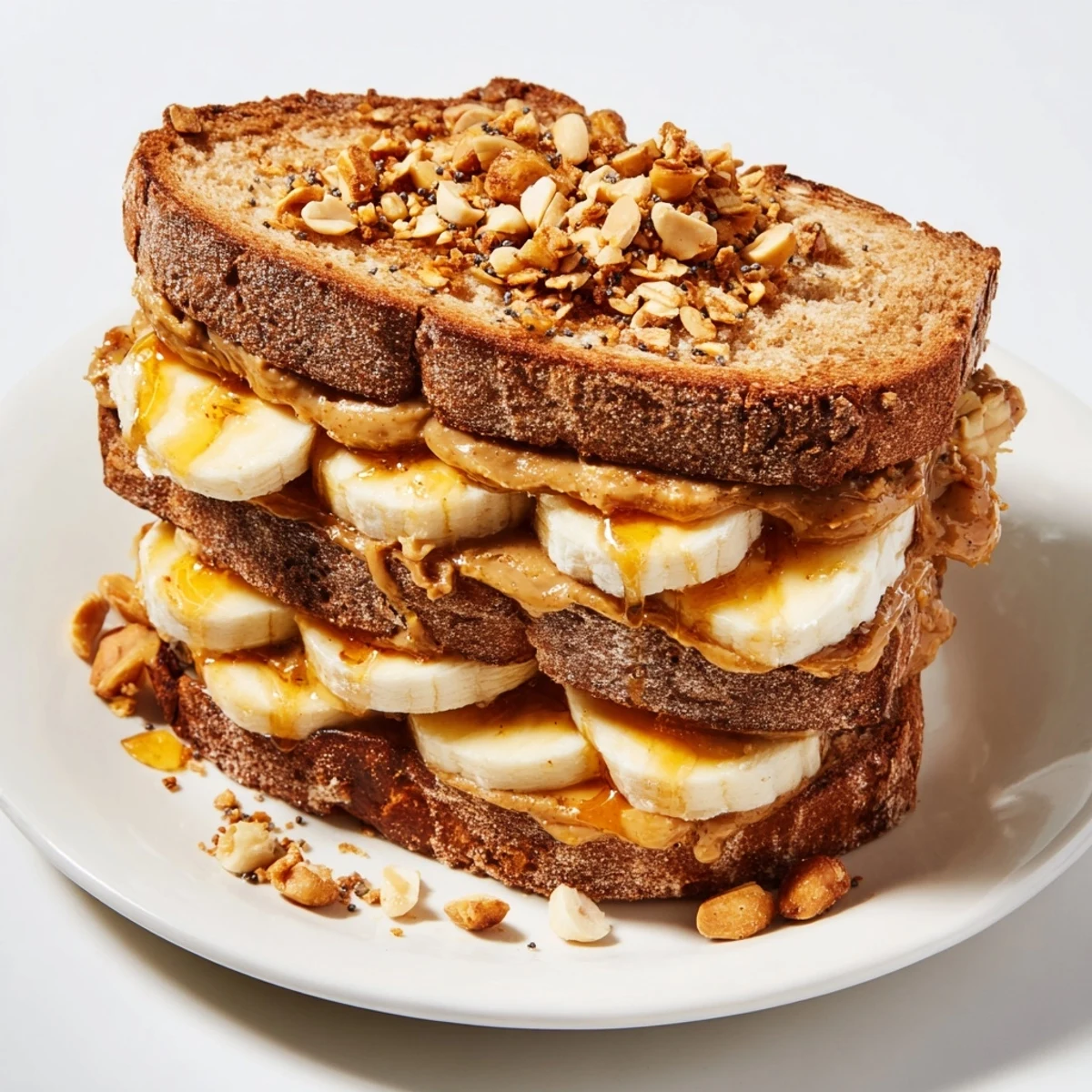 Toasted whole grain bread cradles gourmet peanut butter and banana sandwich with crunchy toppings.