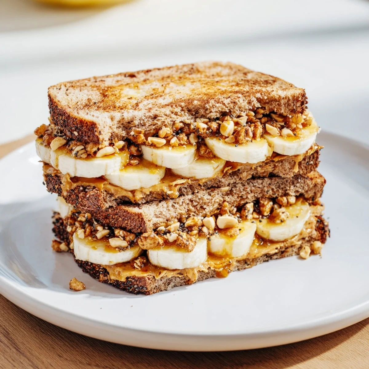 A close-up of a delightful peanut butter and banana sandwich upgrade, showcasing textures, with sliced bananas.