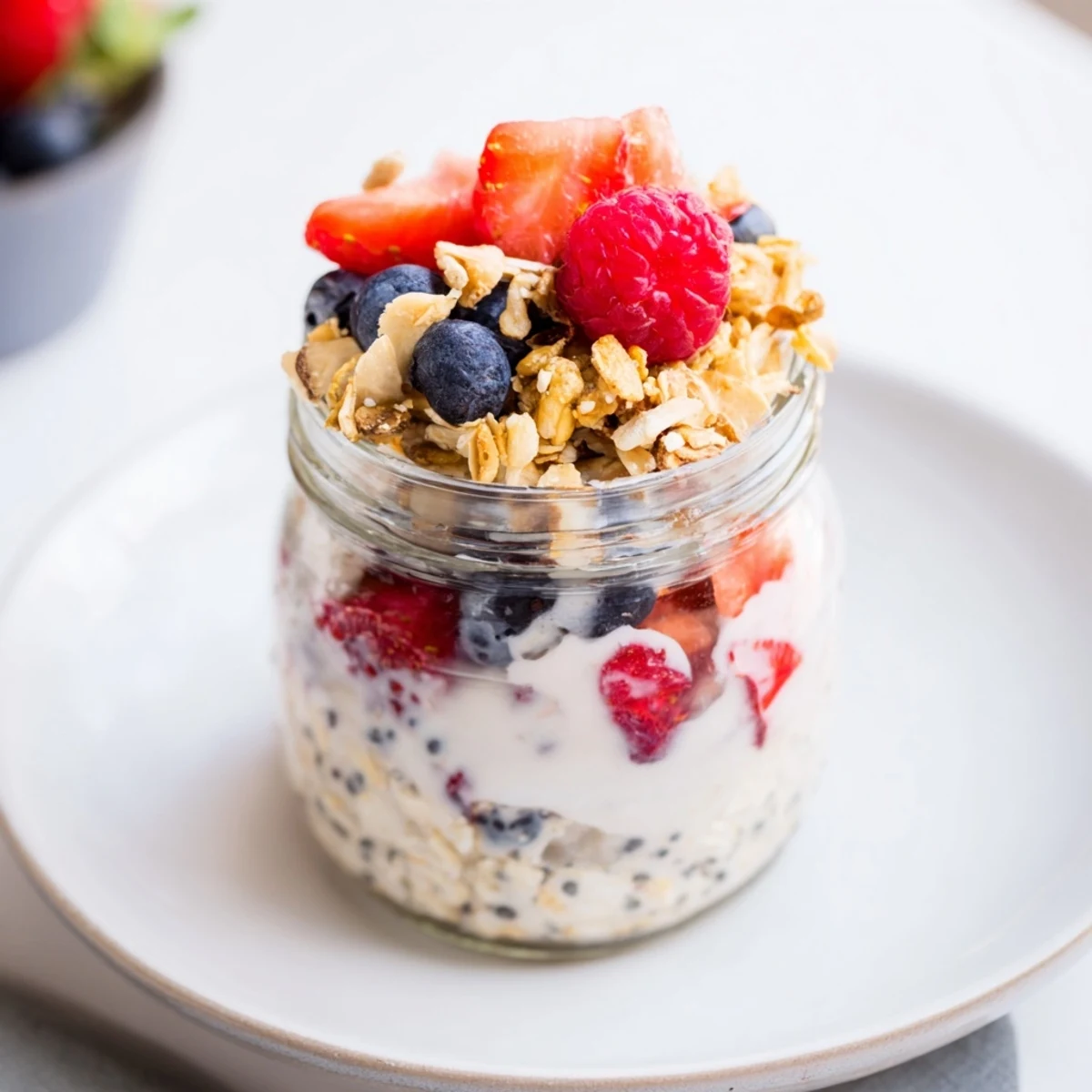 Jars layered with creamy overnight oats, topped with fresh berries and crunchy granola.