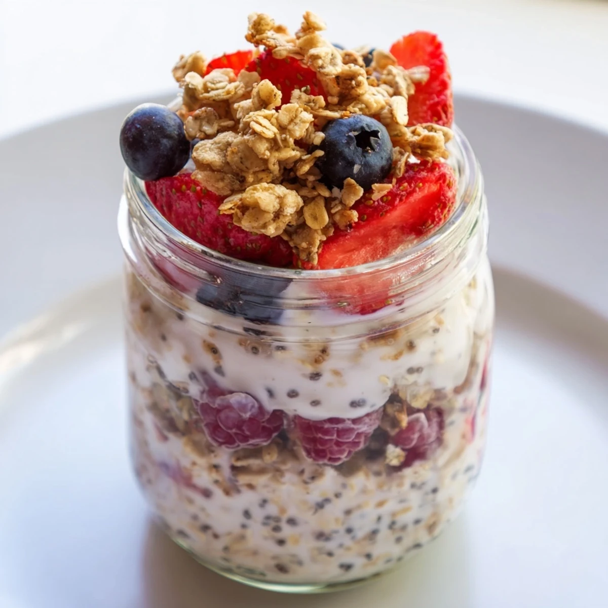Bright, colorful jars of overnight oats prepared for meal prep with various tasty toppings.