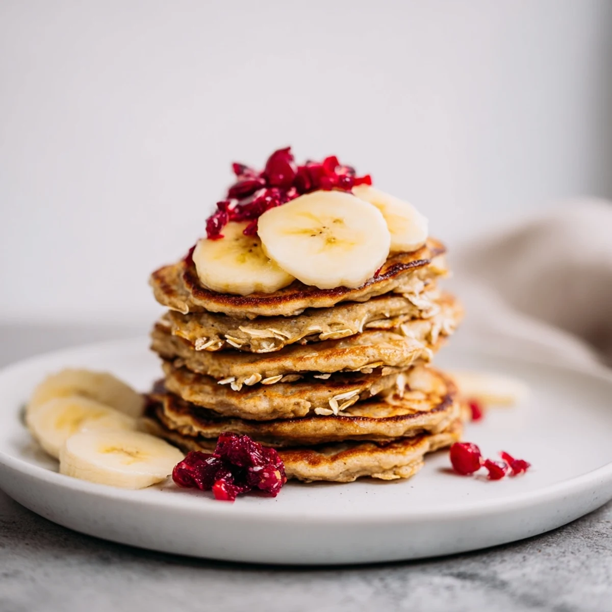 Golden-brown banana oat pancakes, fluffy and stacked high, perfect for a cozy morning breakfast.