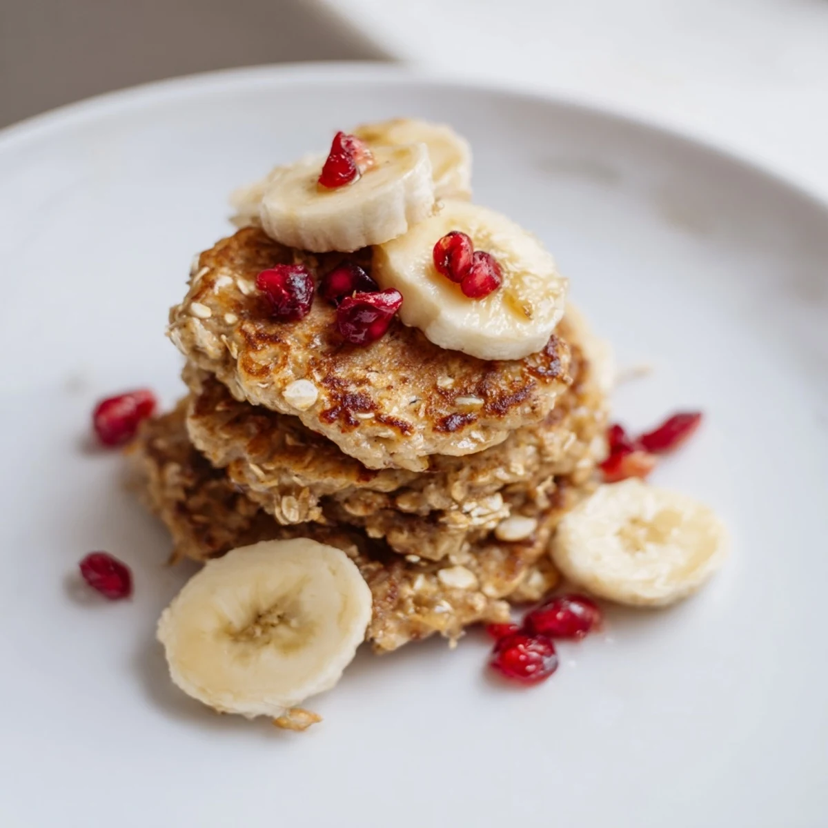 Mouthwatering image of homemade banana oat pancakes, drizzled with sweet maple syrup and fresh berries.