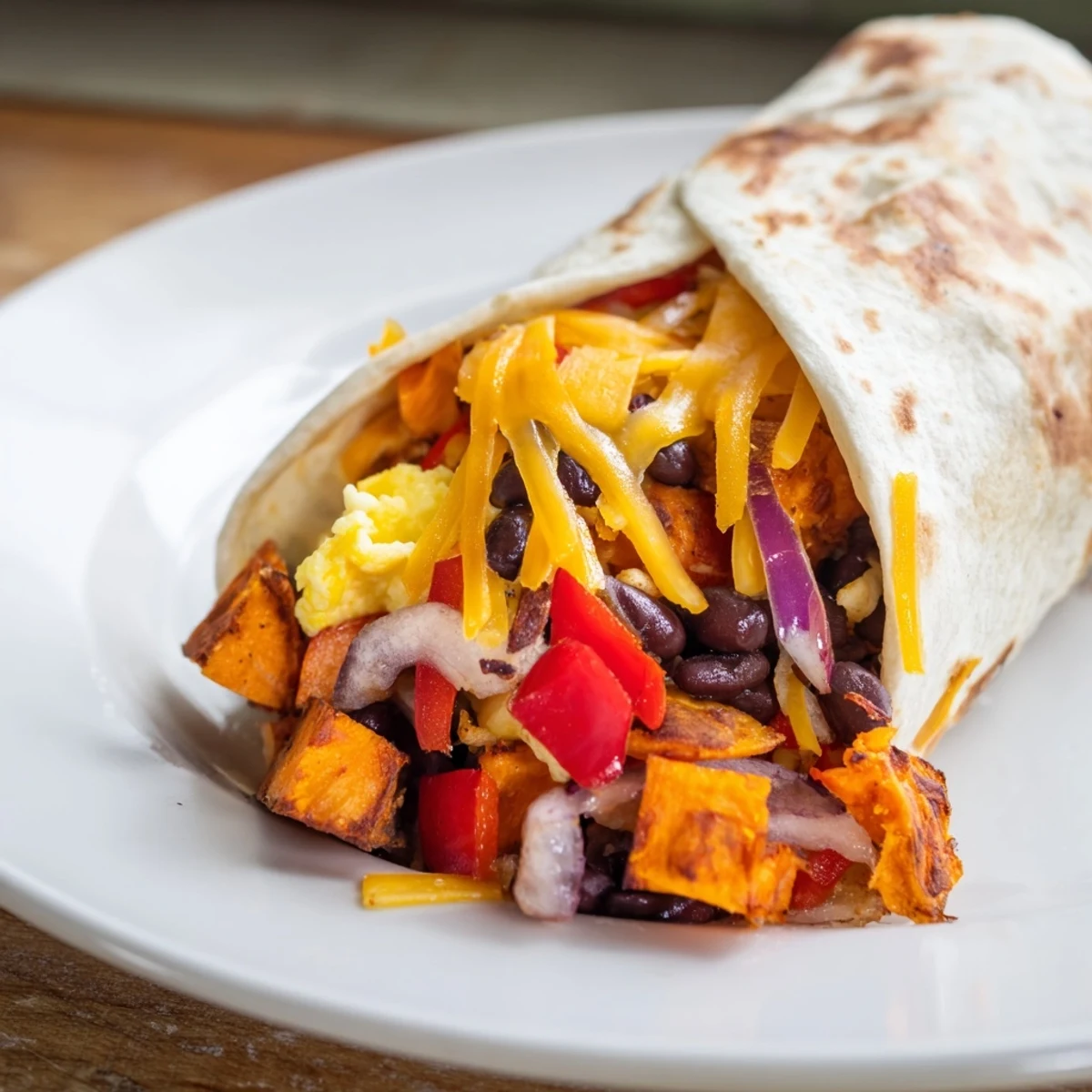 Golden roasted sweet potato and black bean breakfast burritos, ready to be wrapped and enjoyed.