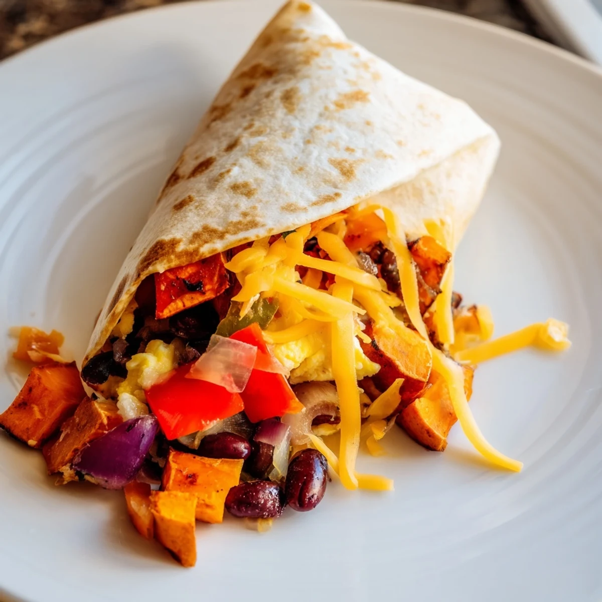 A close-up of a generously filled Sweet Potato & Black Bean Breakfast Burrito with melted cheese.