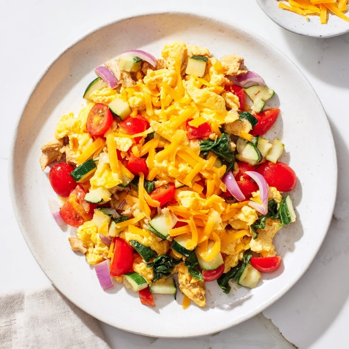 Fluffy Egg & Veggie Sheet Pan Scramble, loaded with colorful roasted veggies and melted cheese.