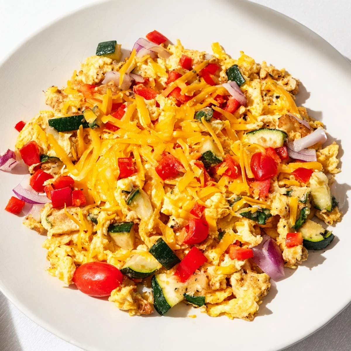 Enjoy a hearty Egg & Veggie Sheet Pan Scramble, perfect for a quick and simple vegetarian breakfast.