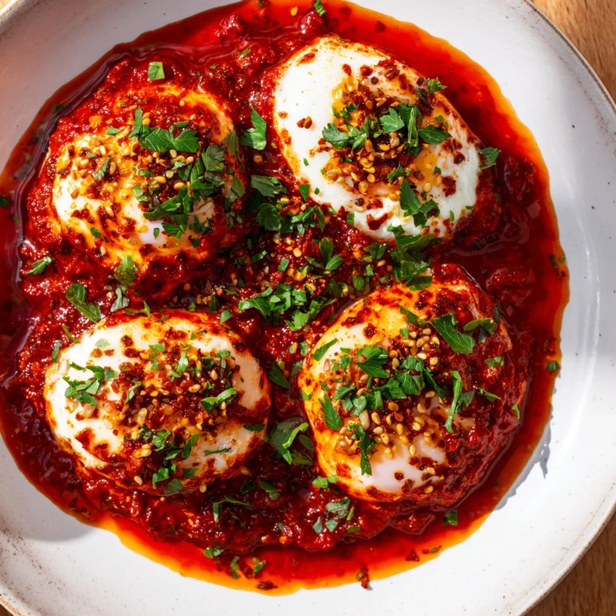 Vibrant Savoury Baked Eggs in Tomato Sauce, baked until the whites are set but yolks runny, ready to eat.