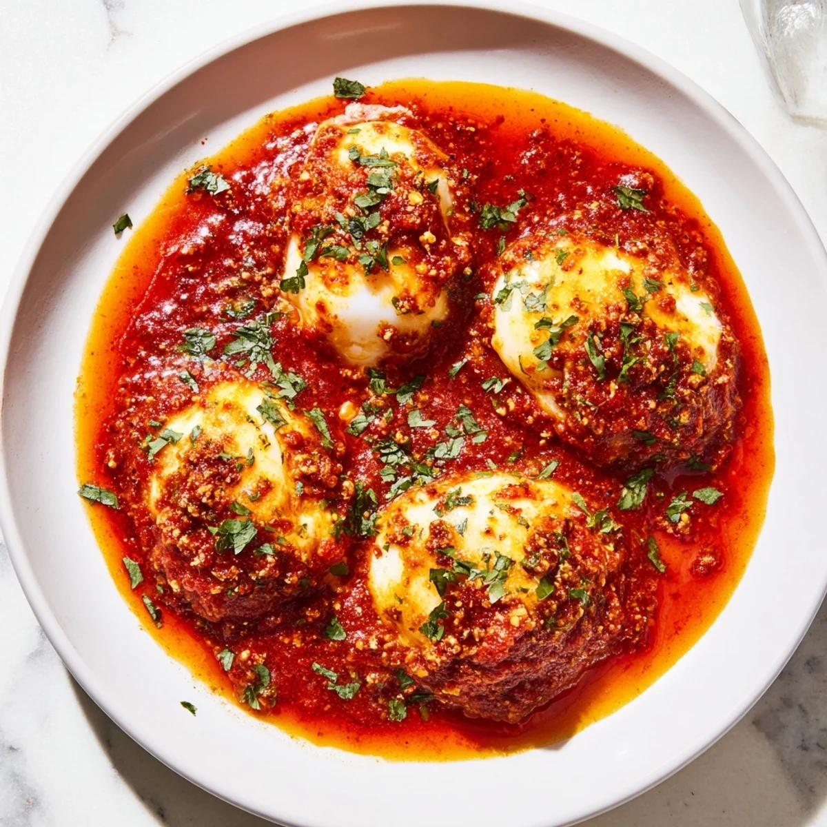 Imagine the aroma: a colourful skillet of Savoury Baked Eggs in Tomato Sauce, perfectly served with bread.