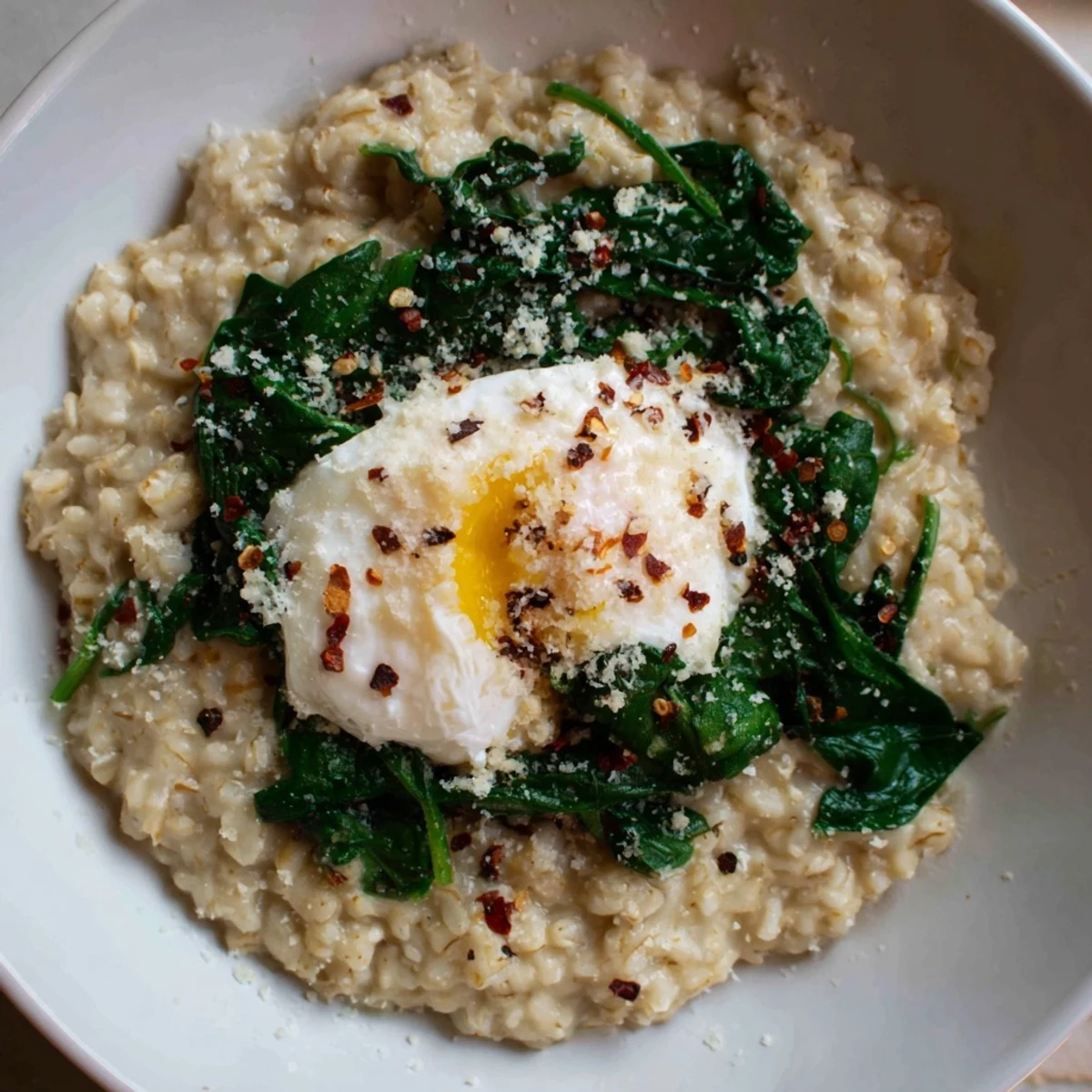 Creamy savory oatmeal topped with sautéed spinach and a perfectly poached egg, ready to eat.