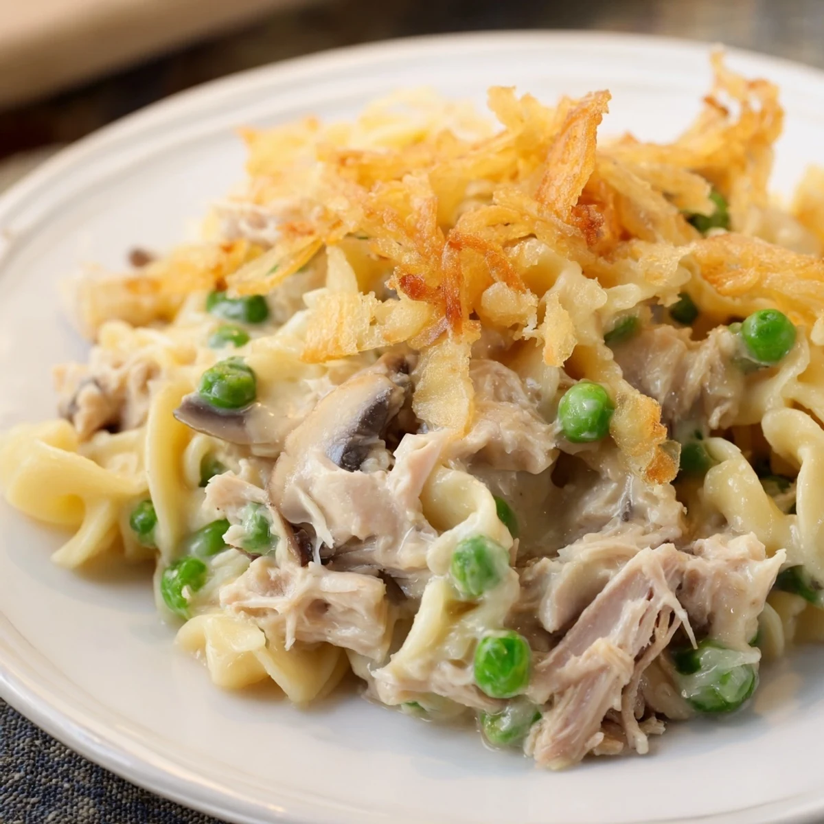 Golden, bubbly homemade Tuna Noodle Casserole topped with crispy onions, ready for serving.