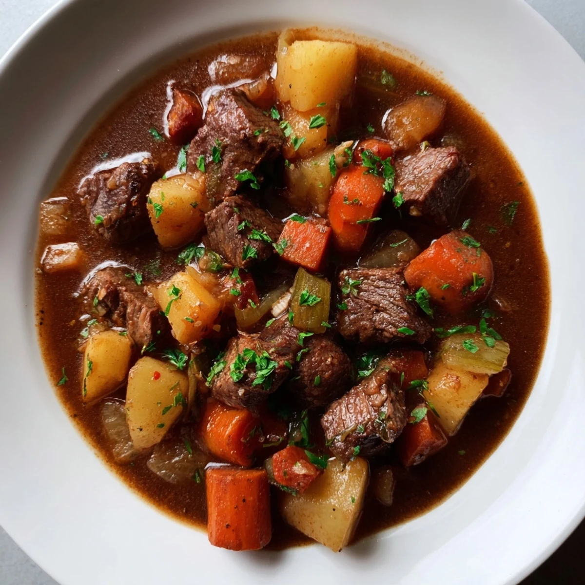 A warm bowl of steaming Instant Pot Beef Stew with hearty vegetables, perfect for a cold evening.