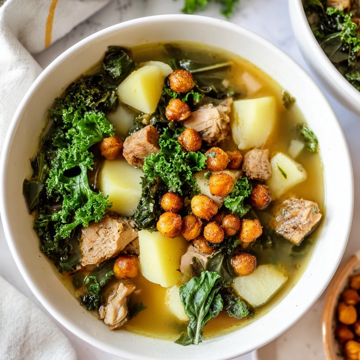 Close-up of delicious chicken kale soup with crispy chickpeas, a comforting meal for a chilly evening.