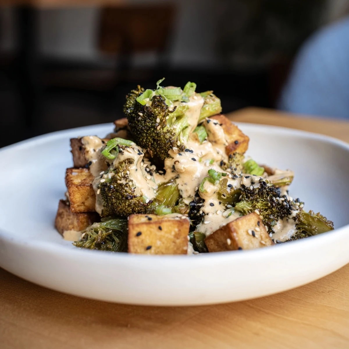 Visualize the creamy, melted cheese embracing this Cheesy Baked Tofu and Broccoli dish with beautiful roasted veggies.