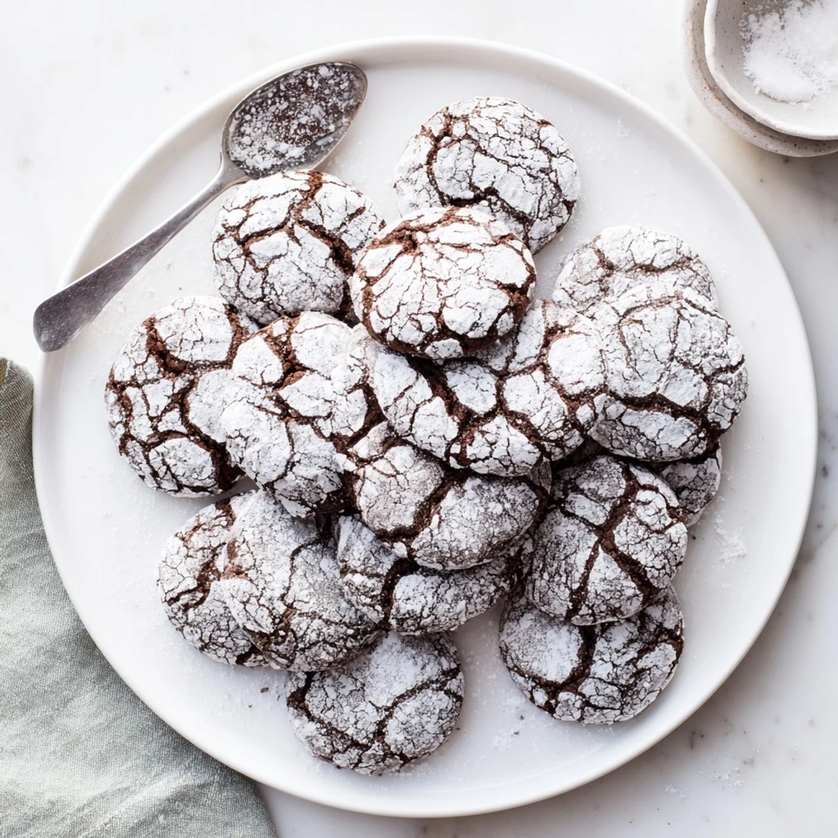 A close-up of crackled Chocolate Crinkle Cookies, showcasing their soft, fudgy, and delicious texture.