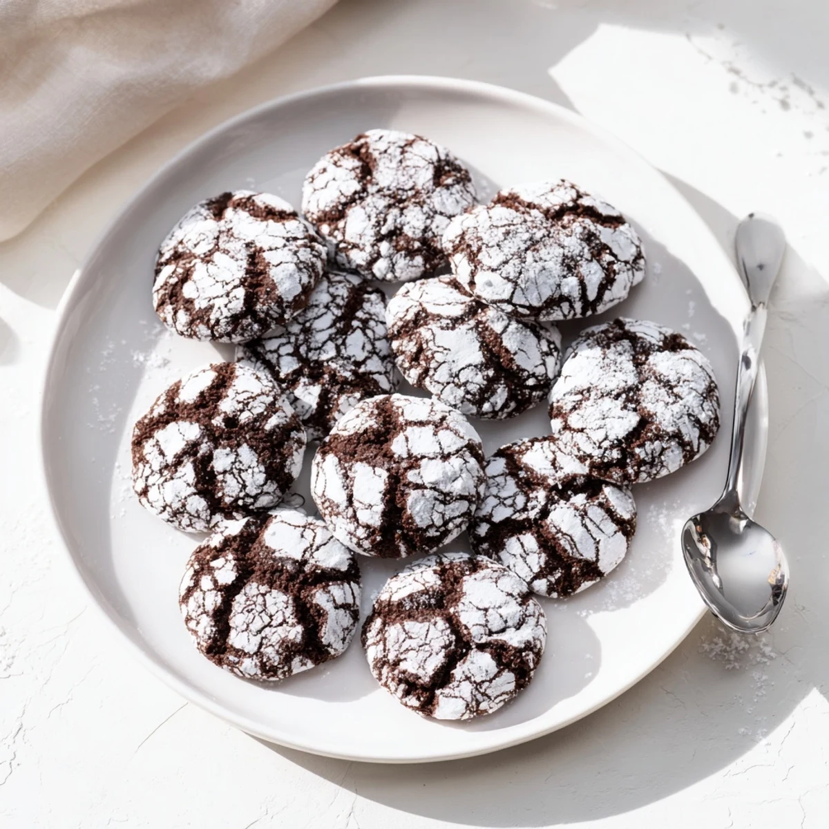 Warm, freshly baked Chocolate Crinkle Cookies, covered in powdered sugar, ready to be enjoyed.