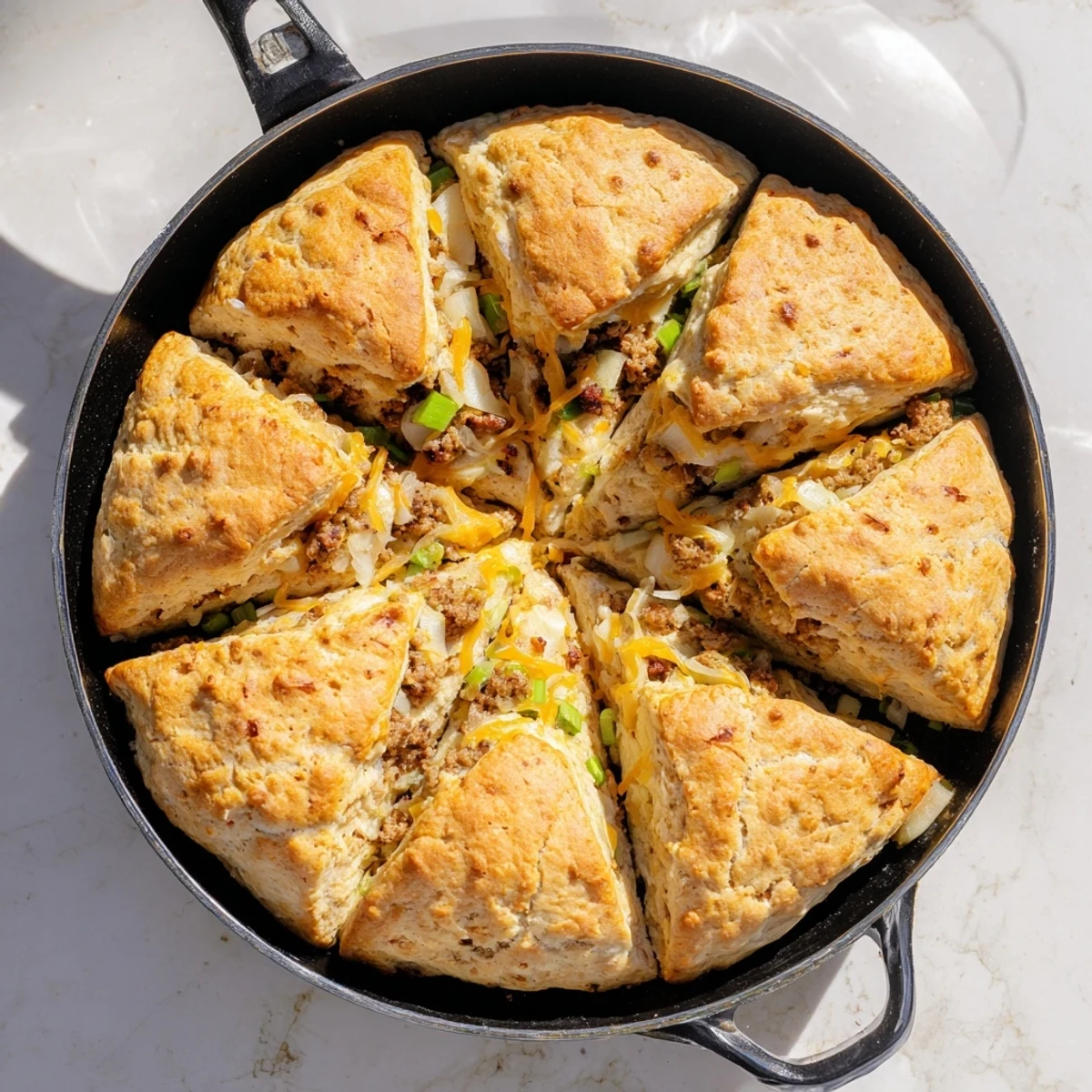 A rustic skillet of warm Savory Apple, Sausage, and Cheddar Scones, fresh from the oven.