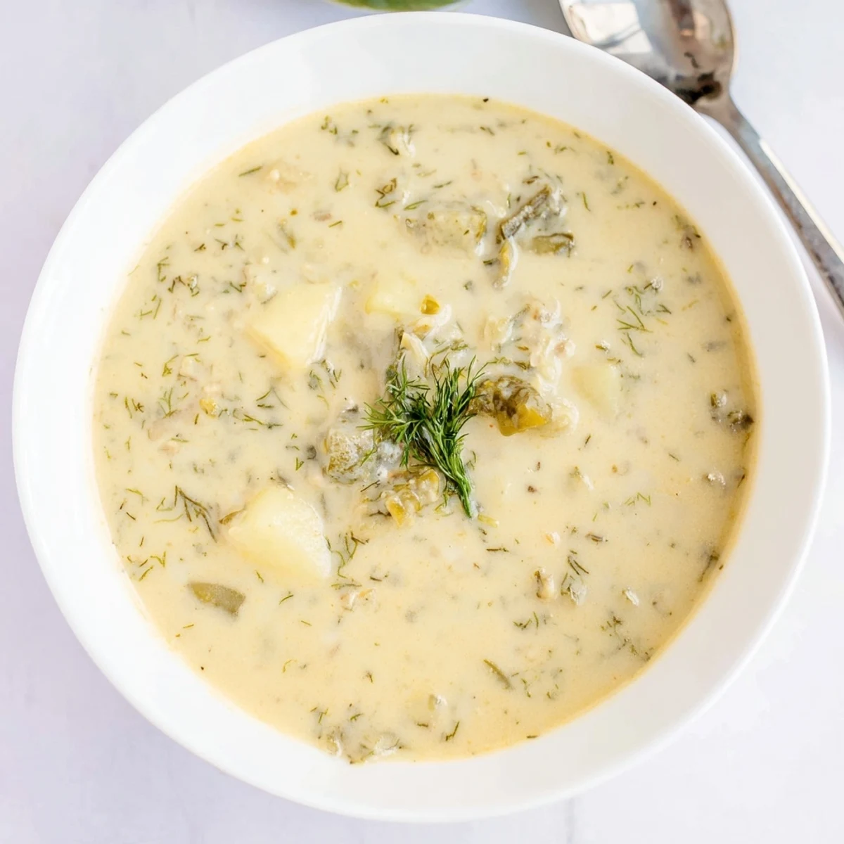 A close-up view of a steaming bowl of Creamy Dill Pickle Soup, garnished with fresh dill sprigs.