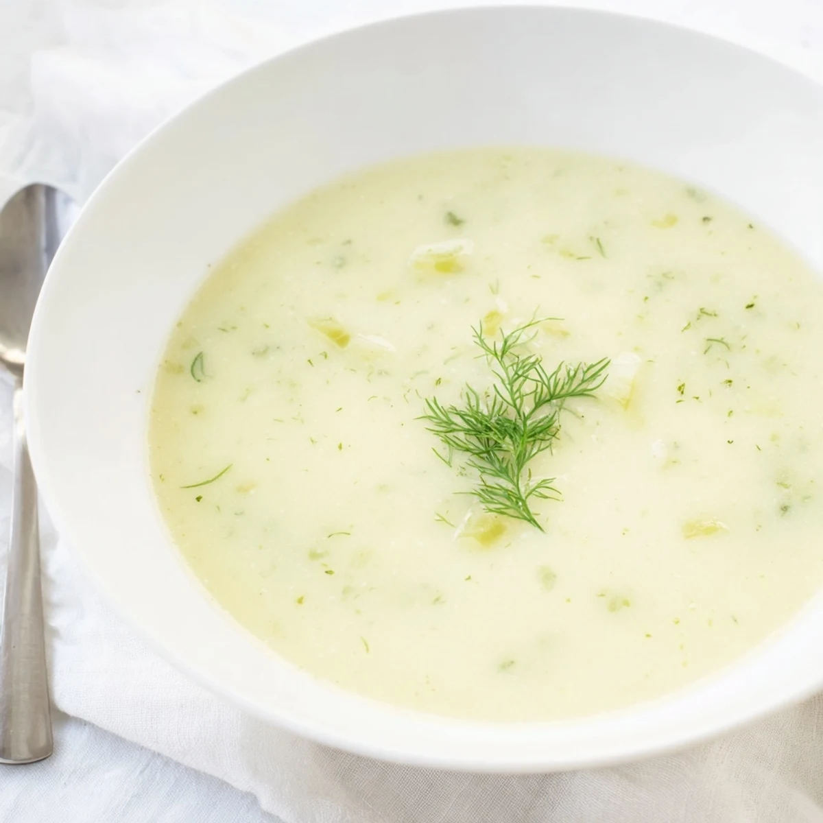 Creamy Dill Pickle Soup, a hearty, warm soup featuring visible chunks of potato and dill pickles.