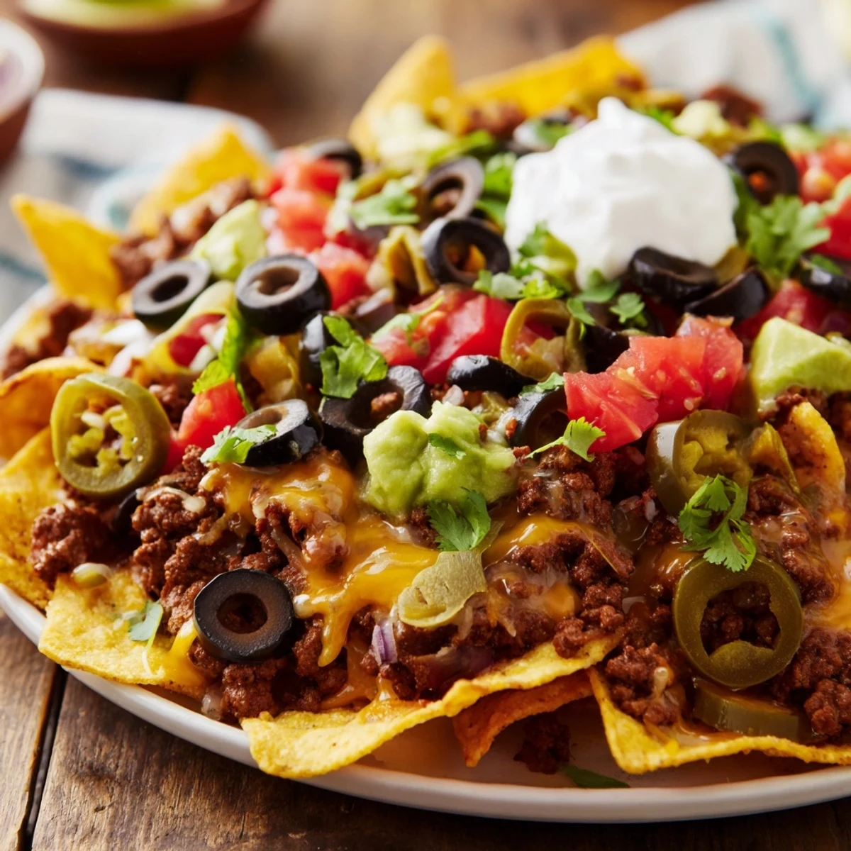 Golden, bubbly cheese covers a pan of sheet pan nachos, featuring savory ground beef and jalapeños.
