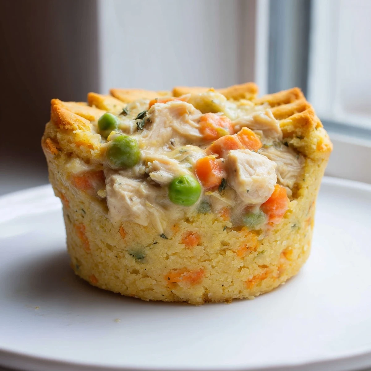 Golden-brown Chicken Pot Pie Cornbread Muffins, tiny savory treats perfect for a quick snack.