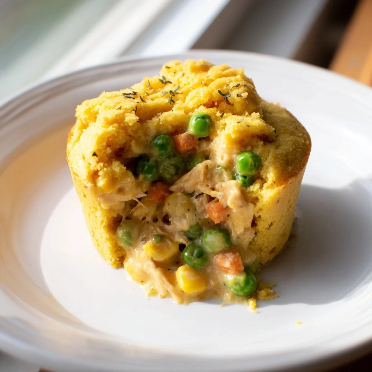 Warm Chicken Pot Pie Cornbread Muffins, showing off delicious, fluffy cornbread with a savory filling.