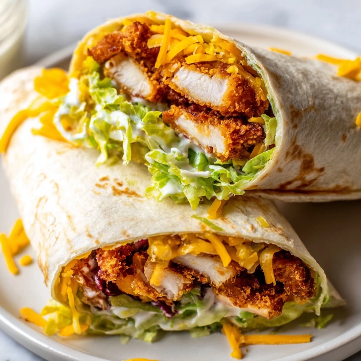 Freshly made crispy chicken ranch snack wrap, showcasing a colorful mix of ingredients and creamy ranch.