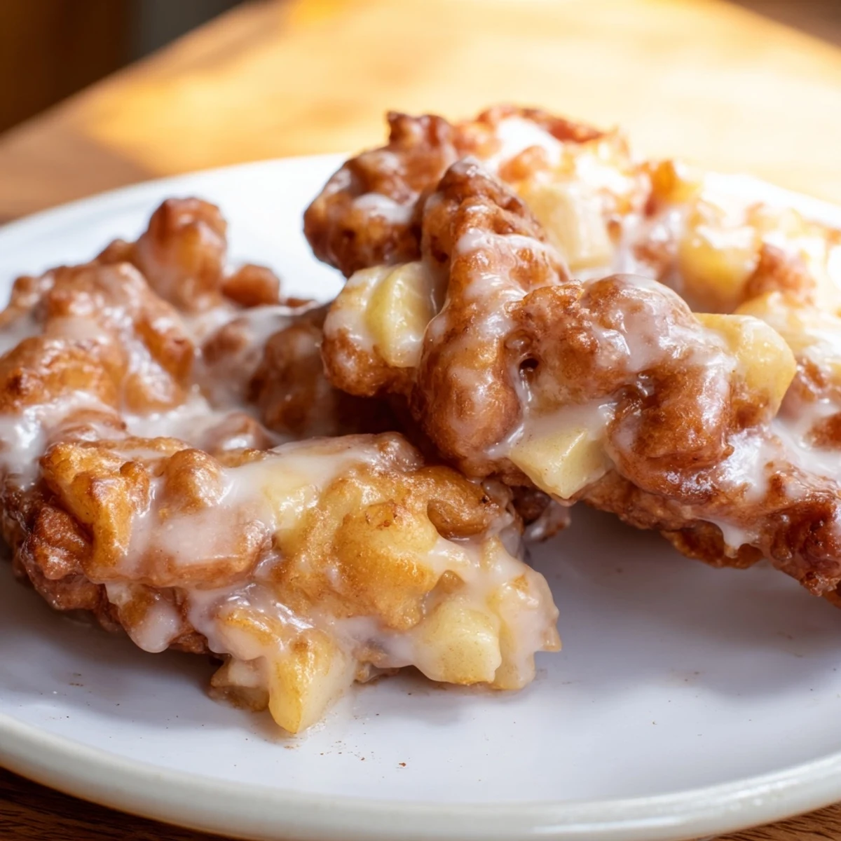 Golden-brown homemade apple fritters, fresh from the fryer, glistening with sweet glaze.