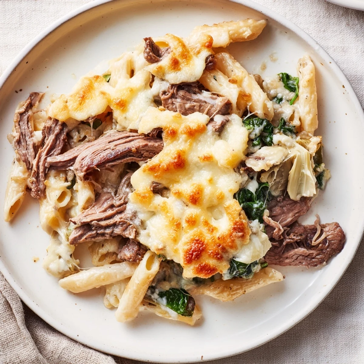 Steak & Spinach Artichoke Pasta Bake: A bubbly, cheesy casserole featuring tender steak and creamy pasta.