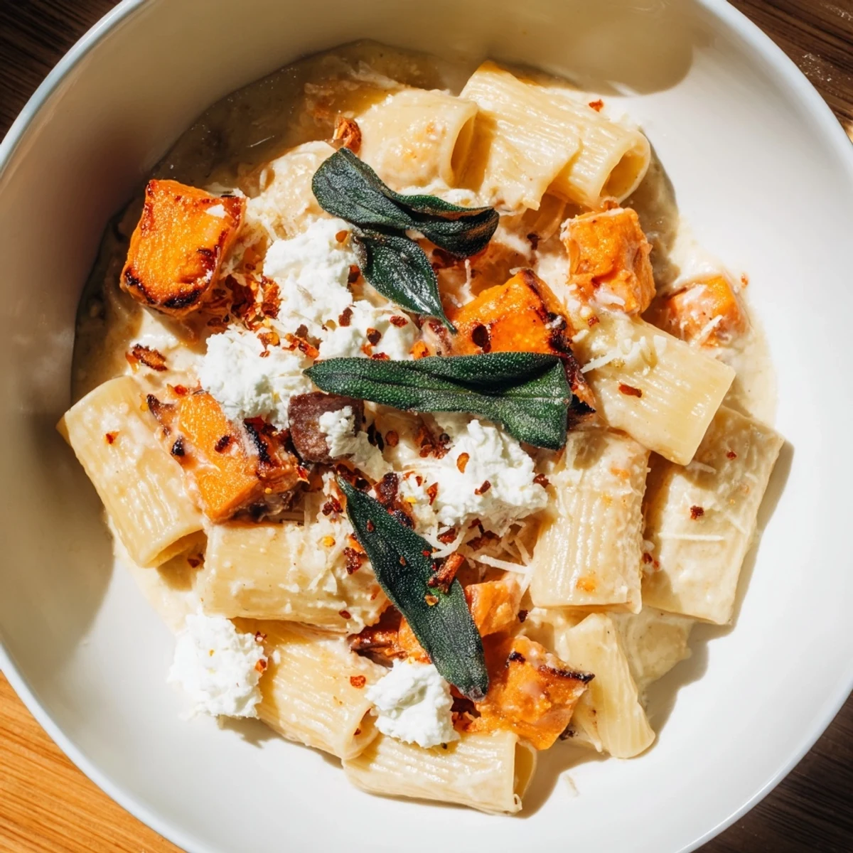 Golden-brown Viral Sweet Potato Goat Cheese Sage pasta topped with crispy sage for a flavorful dinner.