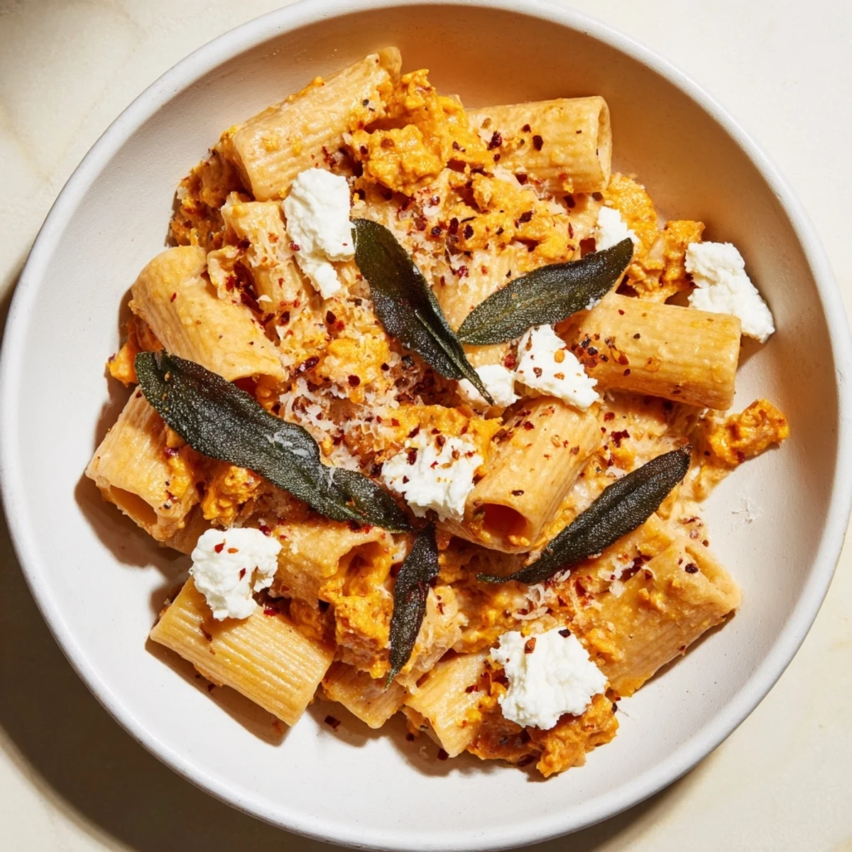 Creamy Viral Sweet Potato Goat Cheese Sage pasta dish with crumbled cheese and vibrant herbs.