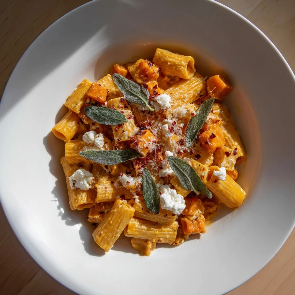 A warm bowl of Viral Sweet Potato Goat Cheese Sage pasta featuring roasted sweet potatoes and pasta.
