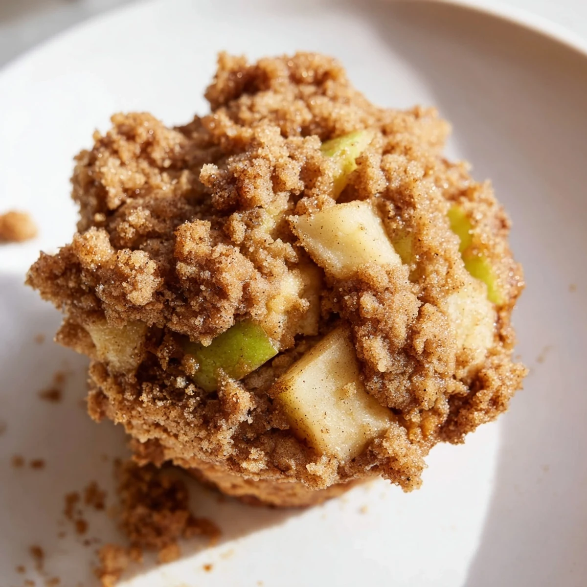 Golden-brown tasty apple muffins with a delightful crumb topping, ready for your enjoyment.
