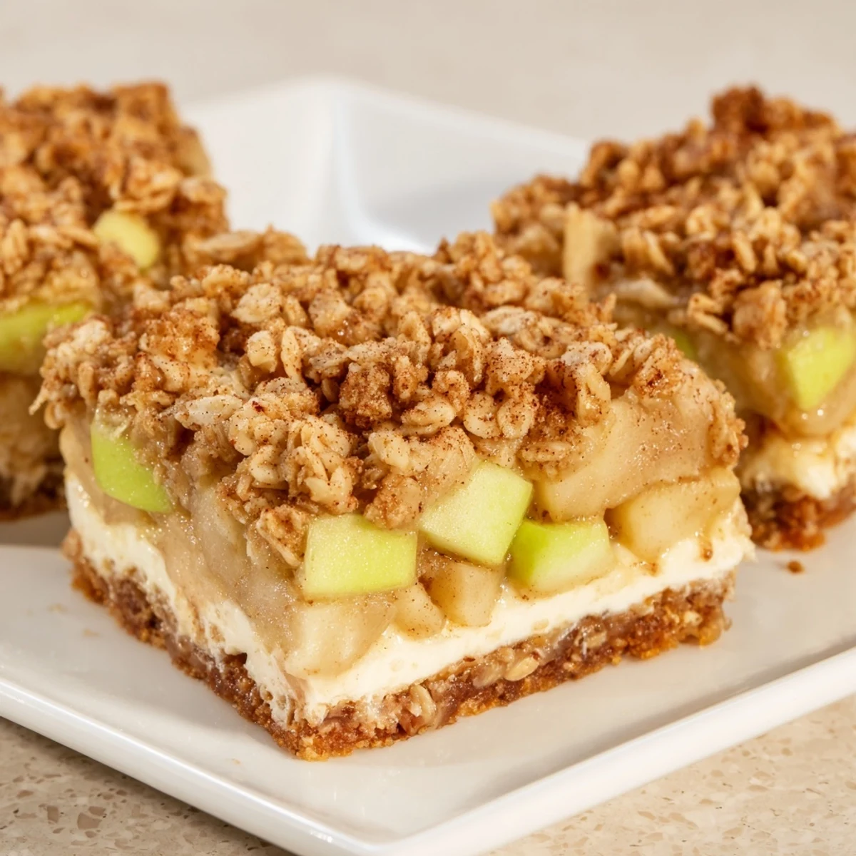 Golden-brown apple crisp cheesecake bars, offering a mix of creamy cheesecake and spiced apple filling.