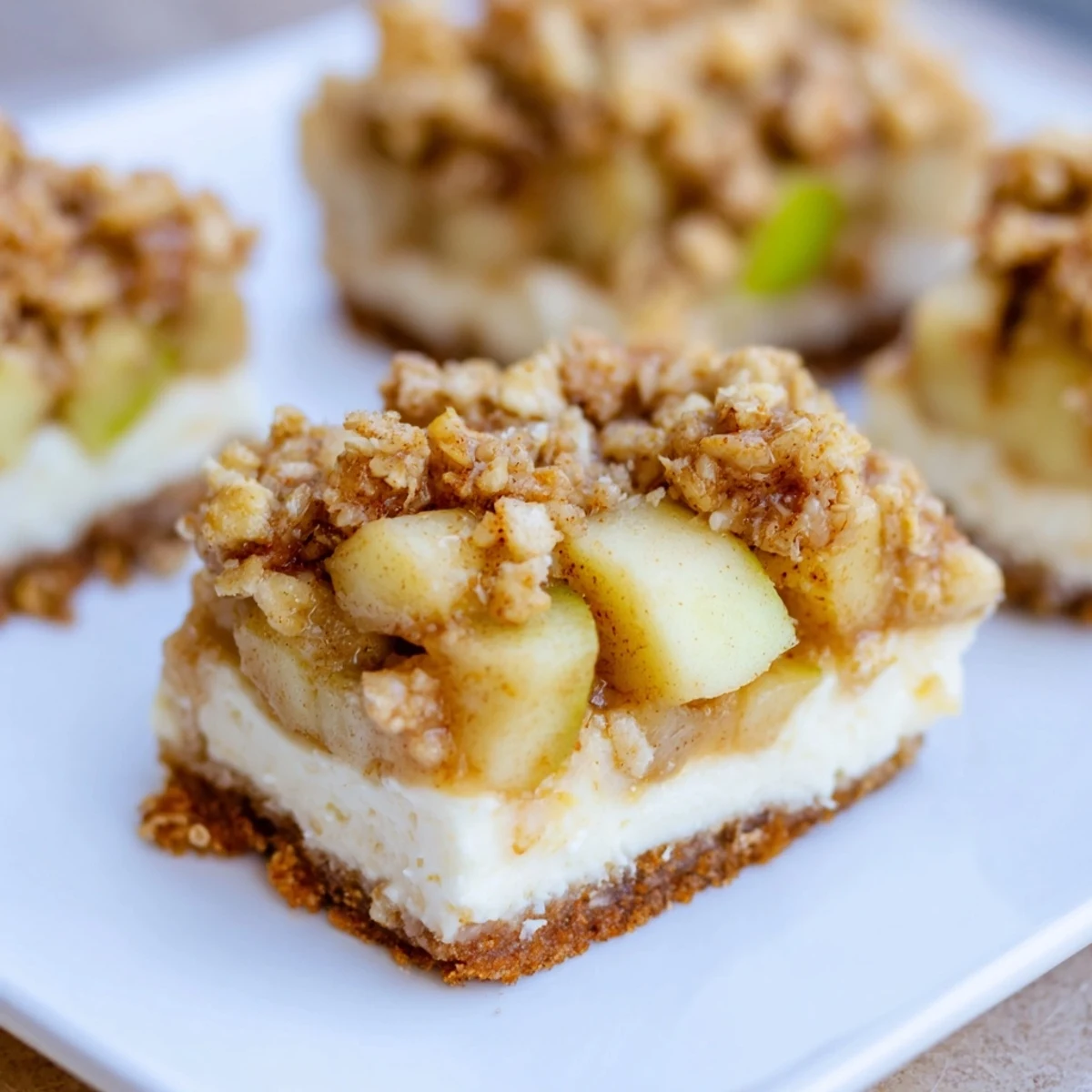 Sliced Apple Crisp Cheesecake Bars showcasing a perfect balance of textures, ready to enjoy with a bite.