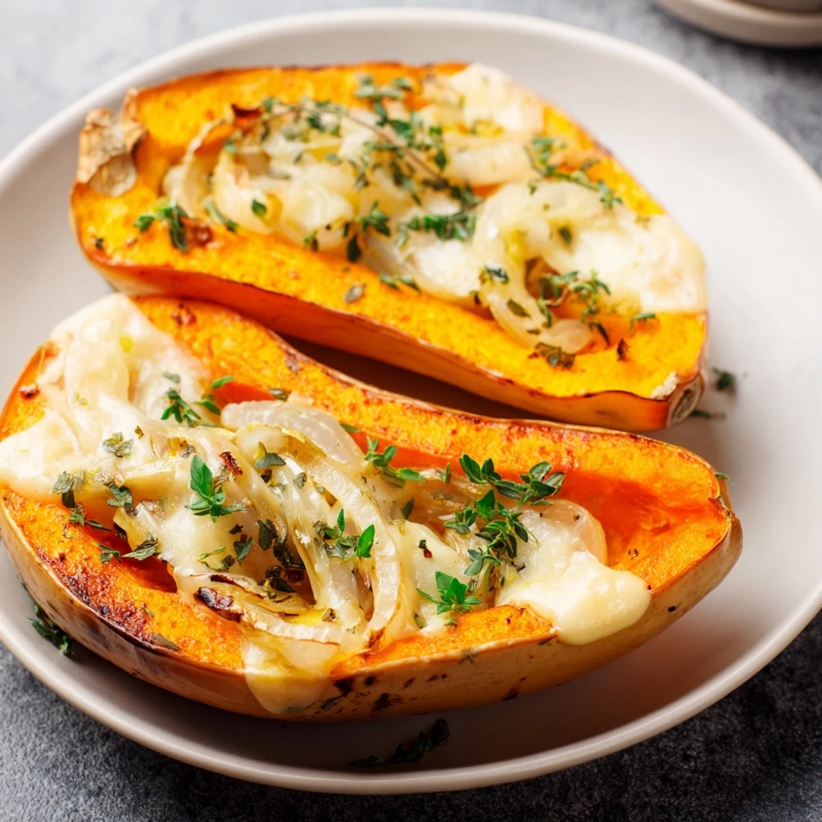 Golden, bubbly Caramelized Onion Gruyere Acorn Squash, a vegetarian main course with savory herbs.