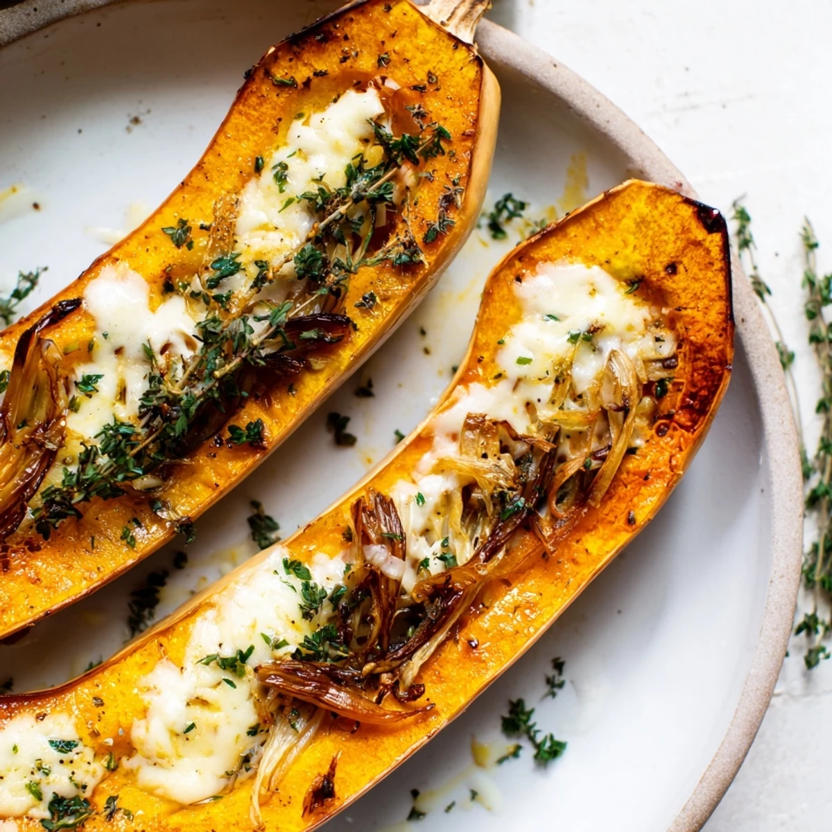 Melted Gruyere blankets the savory Caramelized Onion Gruyere Acorn Squash, perfect for a cozy fall feast.