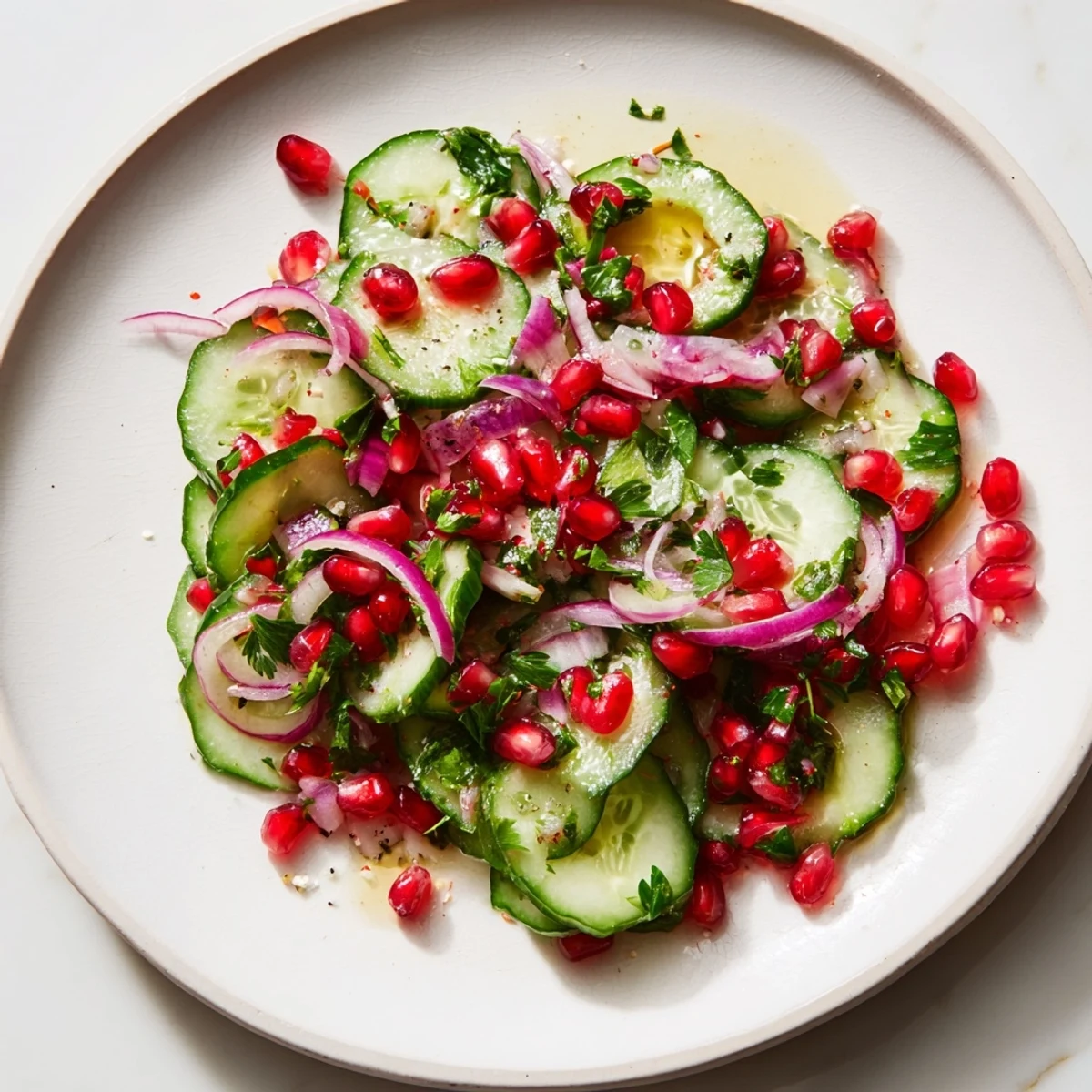 A refreshing close-up of the Healthy Cucumber Christmas Salad, brimming with fresh, crunchy ingredients.