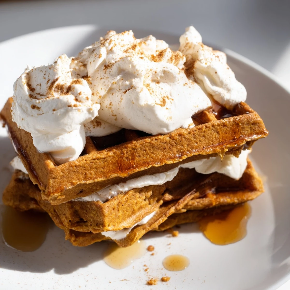 Warm, golden gingerbread waffle stacks with fluffy whipped cream and a sweet maple syrup drizzle.
