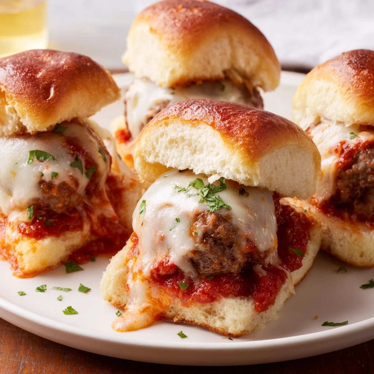Golden, cheesy Easy Christmas Meatball Sliders ready to serve, dripping with savory marinara sauce.