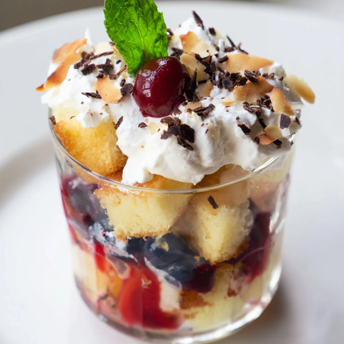 Individual Christmas Trifle Cups showcasing layers of sponge cake, berries, custard, and whipped cream, ready to enjoy.