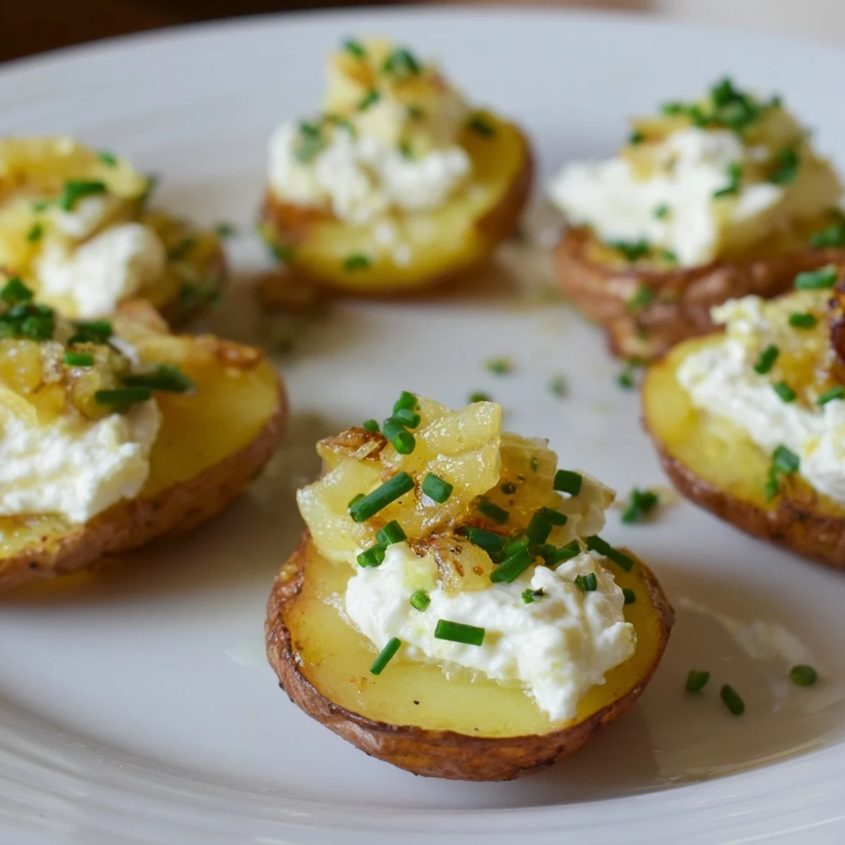 Golden, oven-baked Lightened French Onion Potato Bites are topped with savory caramelized onions and creamy cheese.