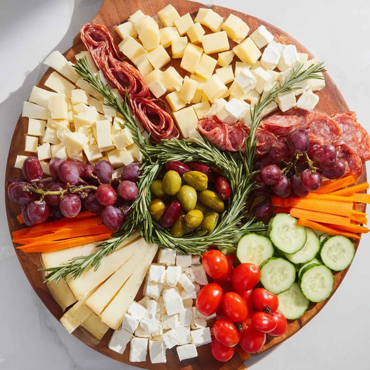 Simplified Grazing Board Wreath, a colorful and tempting appetizer wreath ready to serve.