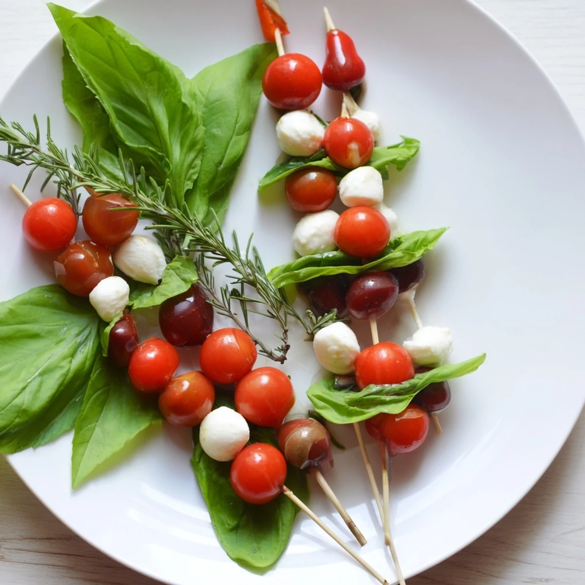 Vibrant Easy Christmas Tree Caprese Skewers with red tomatoes, mozzarella, and fresh basil, ready to enjoy.