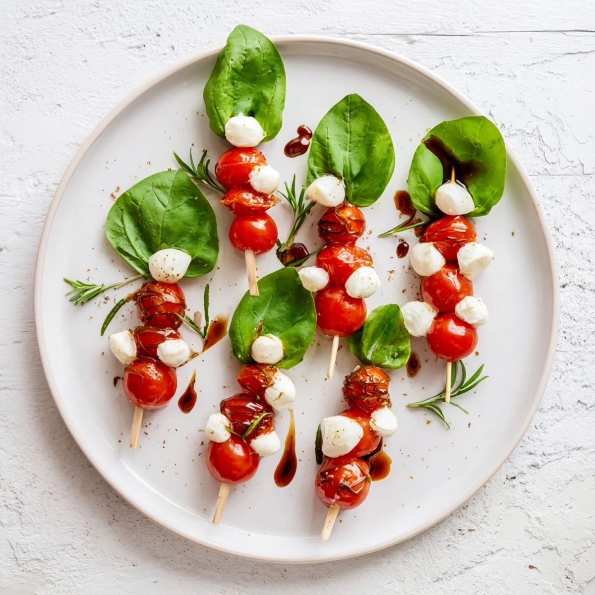 Close-up of fresh Easy Christmas Tree Caprese Skewers, a festive appetizer with balsamic glaze and rosemary sprigs.